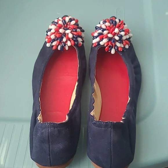 Carolina Herrera Blue Suede Red/White/Red Decorative Bow Flat Shoes Size 38/7.5 - Picture 4 of 8